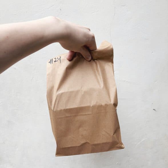 A hand holding a paper takeout bag