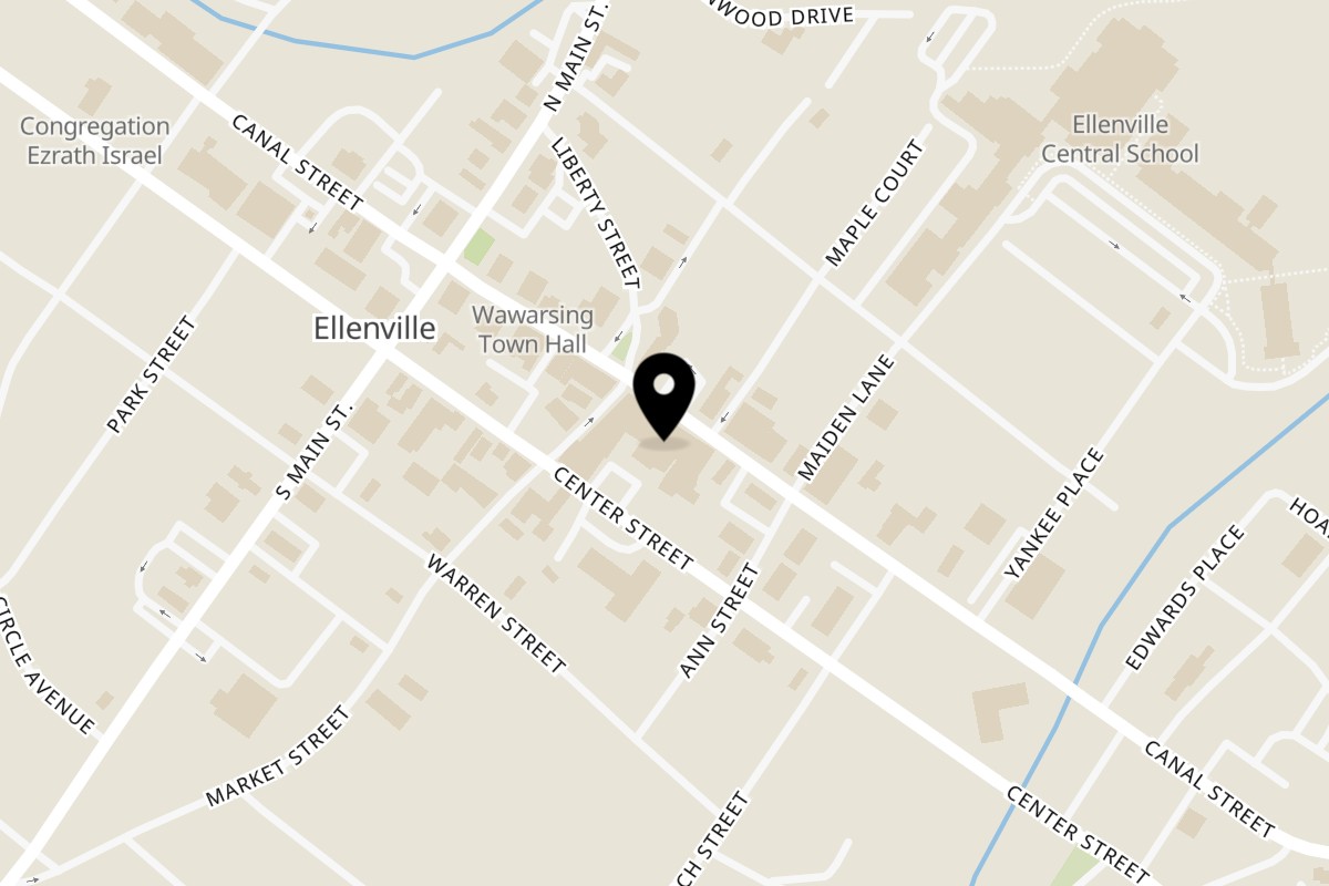 Map showing the location of Gaby's Cafe on 141 Canal Street in Ellenville